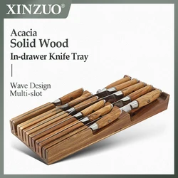 XINZUO 11 Slots in-drawer Knife Holder Acacia Wood 4 Large Slots+6 Small Slots+1 Sharpening Rod Slot  Practical Kitchen Tool