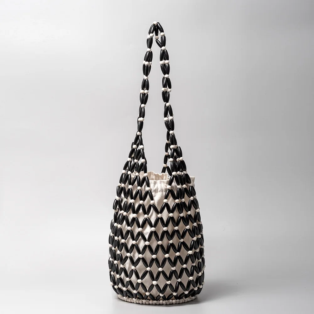 

Exquisite Hollow-out Wooden Bead Tote Bags Women Woven Hand Bag Handmade Bucket Shoulder Bag Female Summer Beach Casual Handbag