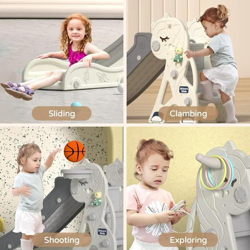 Unicorn Kids Folding Slide Outdoor Playground Climber Playset with Music Closed Pedal Basketball Hoop & Ring Game for Boys Girls