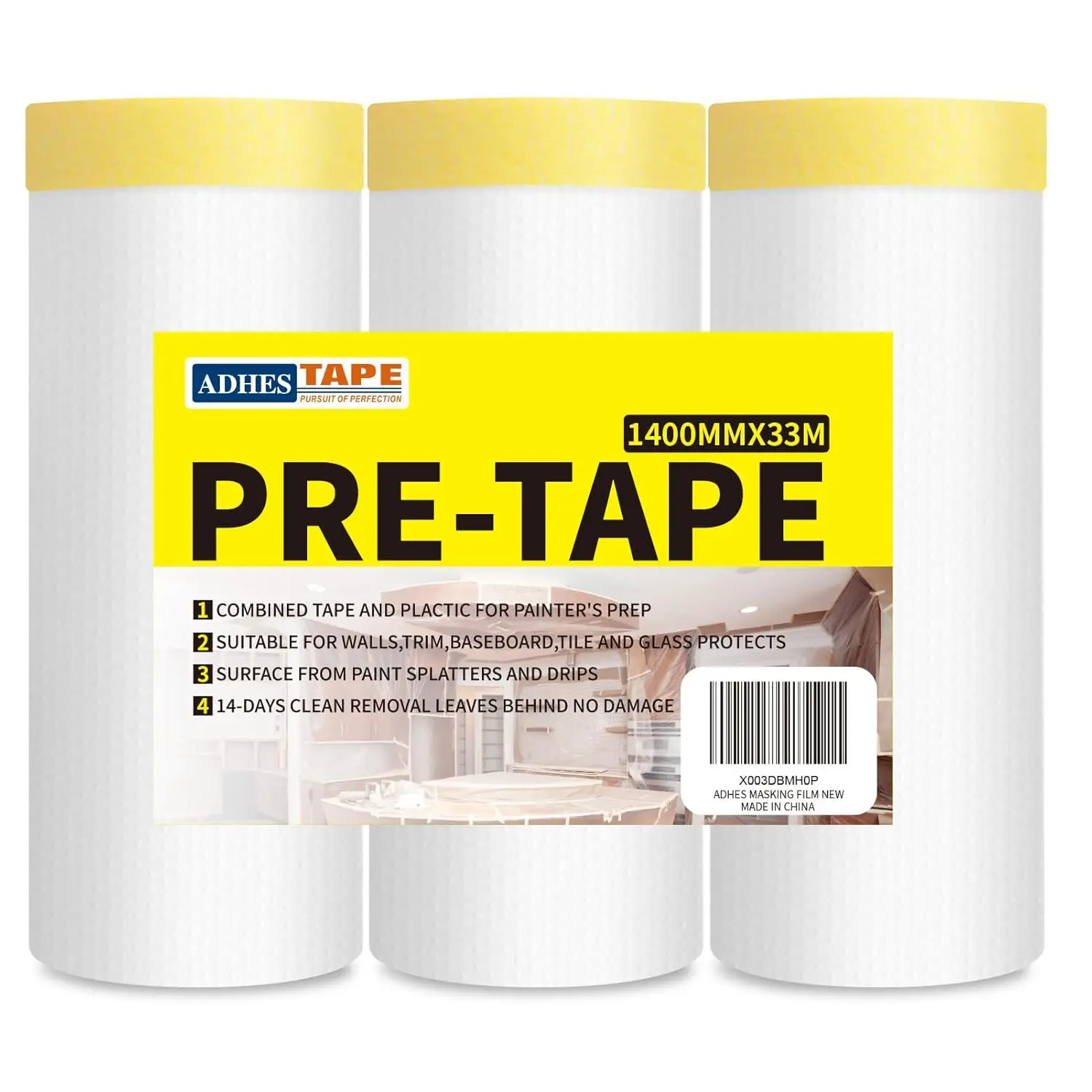

ADHES Pre Taped Masking Film with Adhesive Edge, 55 inch x 108 feet, 3 Rolls No Residue Masking Tape for Painting, Autom