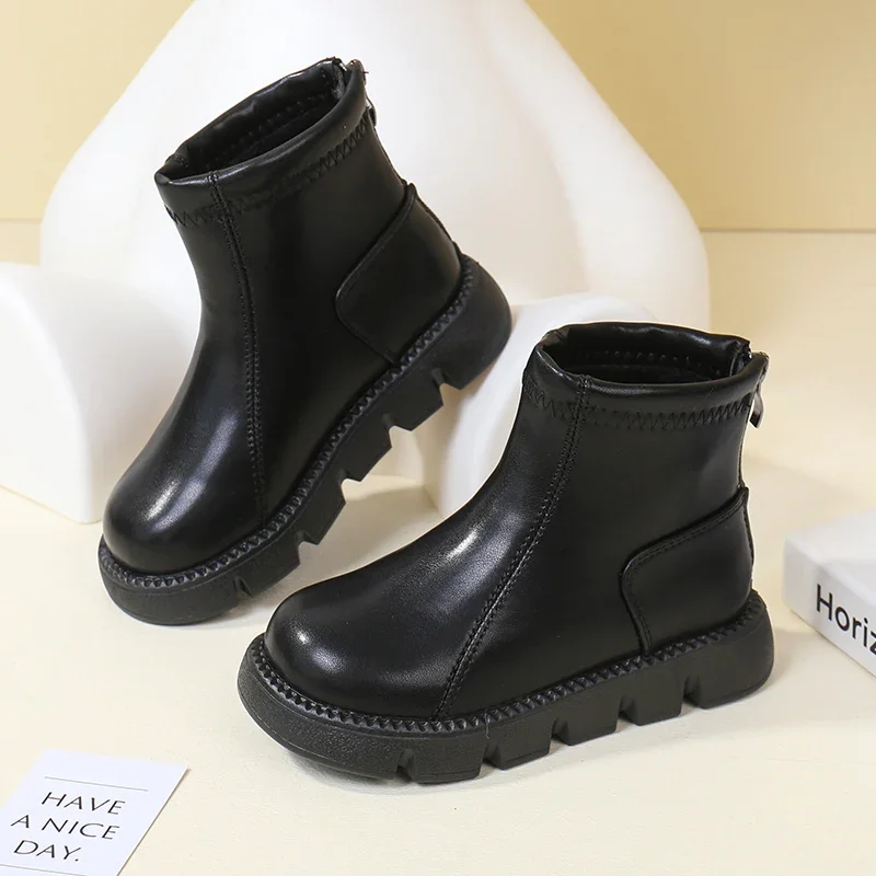 Winter Children\'s Boots Black Brown Versatile Girls Platform Ankle Boots Simple Classic Kids Fashion Causal Plush Boots Zipper