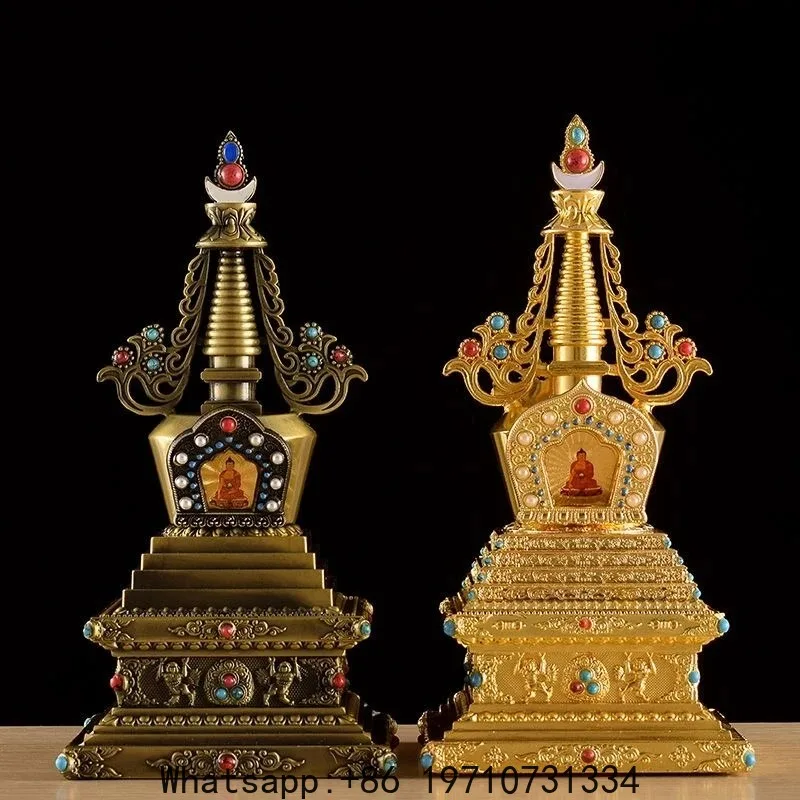 

Bronze Tibetan Stupa Tantric Engraved Pearl Inlaid Gem Shiri Buddhist Statue Alloy Handicraft Altars Indoor Desktop Decorative