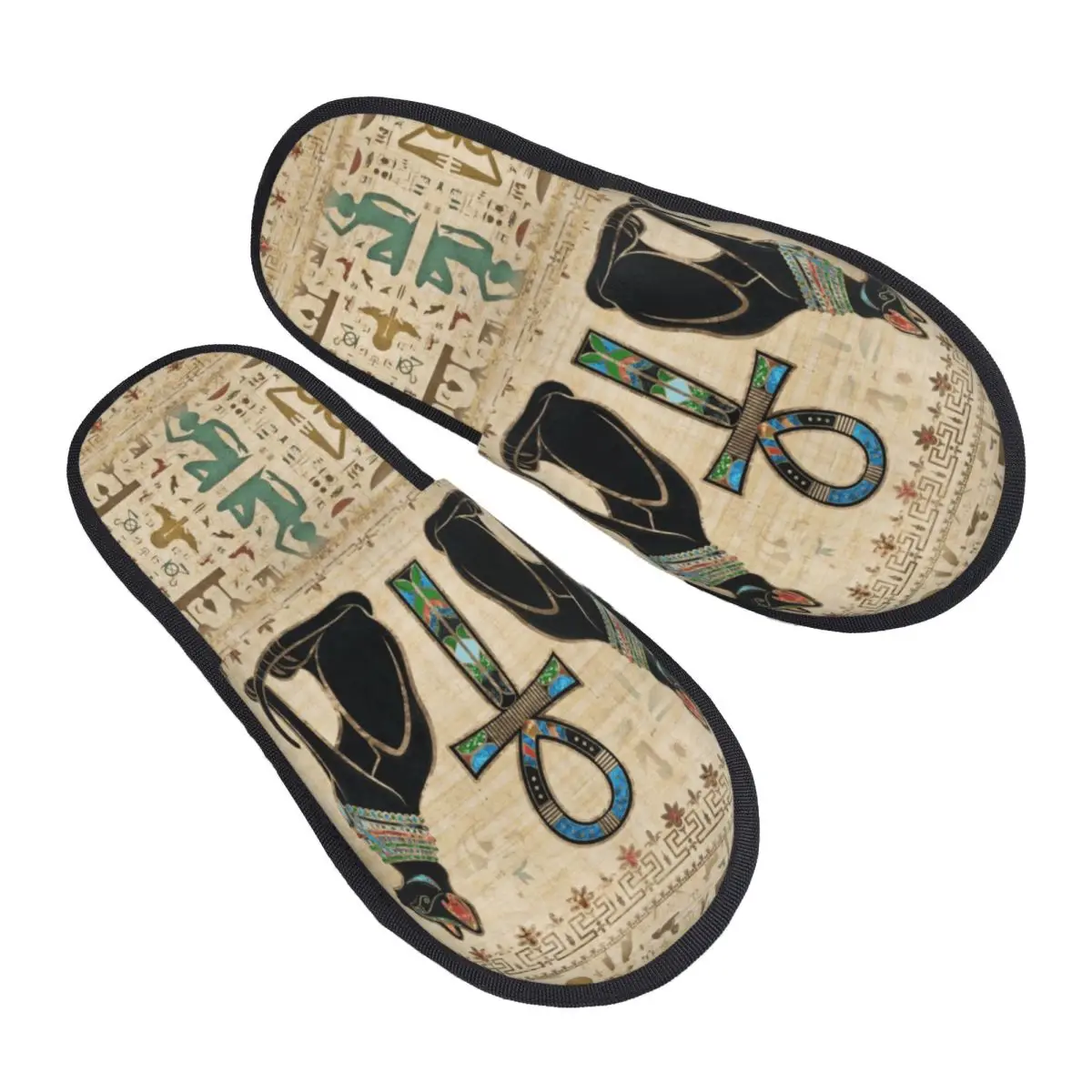 Custom Egyptian Cats And Ankh Cross Comfy Scuff Memory Foam Slippers Women Ancient Egypt Hotel House Shoes