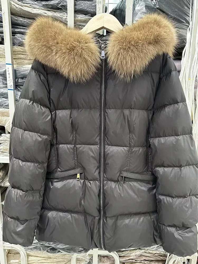 Fox Fur Collar Hooded 90% White Duck Down Coat Women Fashion Zipper Front Slim Waist Winter Thick Puffer Jacket Streetwear