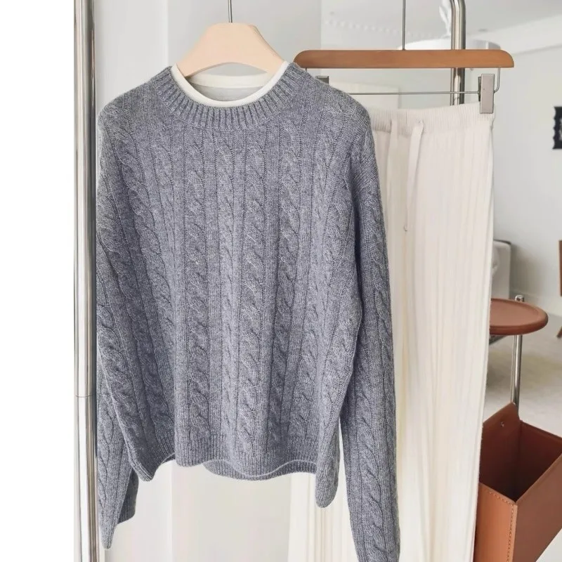 

High-end soft stylish color-blocked round-neck twisted 100% cashmere sweater women loose wool knitted sweater for autumn winter