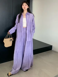 Autumn 2024 Two Piece Suit High Waist Wide Leg Pants New Lapel Long Sleeve Purple Blouses Loose Fit Women Fashion Suits