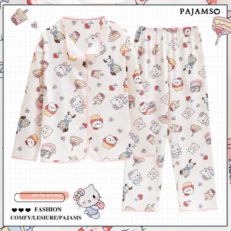 Sanrio Hello Kitty Milk Silk Neck Cardigan Pajamas Ladies Spring and Autumn Pacha Dog Long Sleeve Cute Loungewear