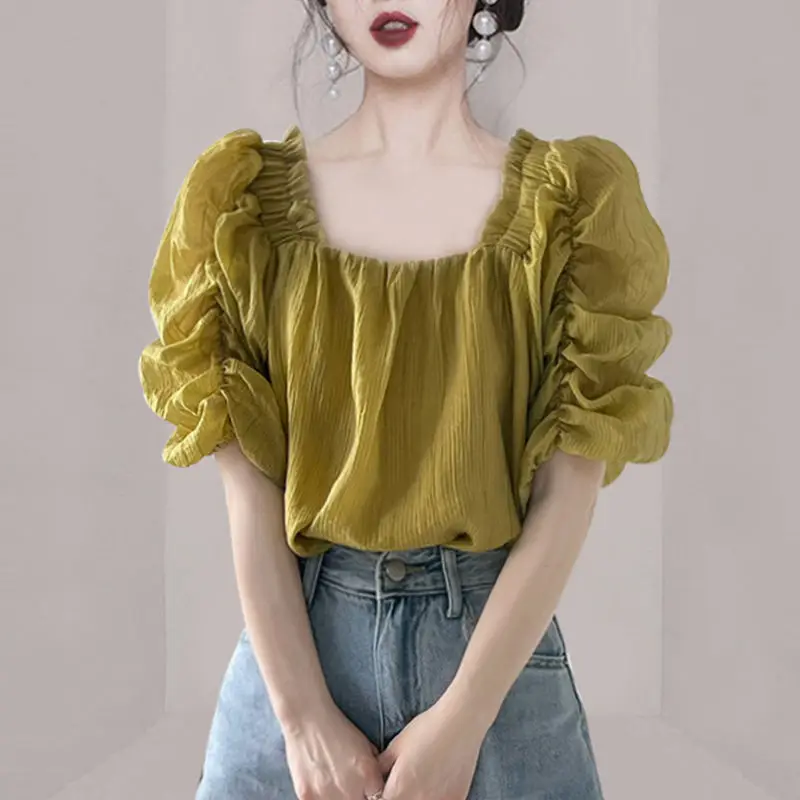 Sweet Square Collar Shirring Ruffles Puff Sleeve Blouse Female Clothing 2023 Summer New Casual Pullovers Office Lady Shirt