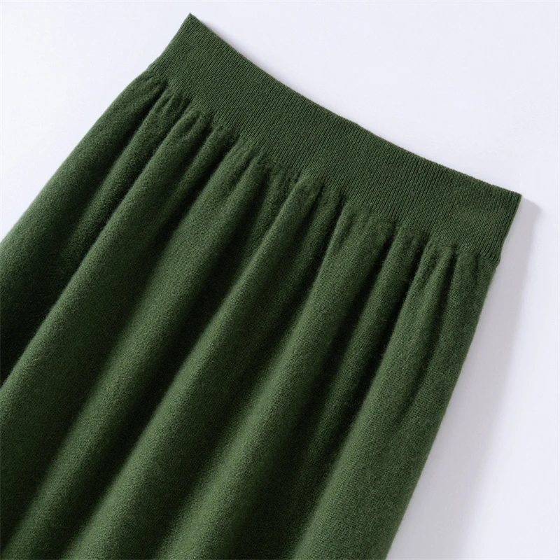 100% Pure Cashmere Knitted Midi Skirt with Cuffed Hem for Women Elastic Waist A-Line Skirt for Autumn Winter