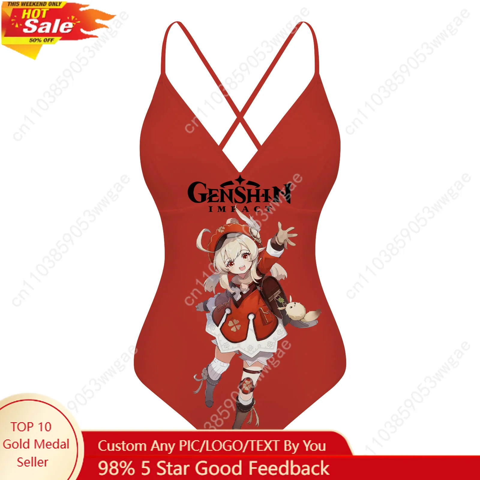 

Genshin Klee V-neck Halter Back Swimsuits Womens Bathing Suits Personalized Bikini Pool Beach Sexy Swimwear Customized Beachwear