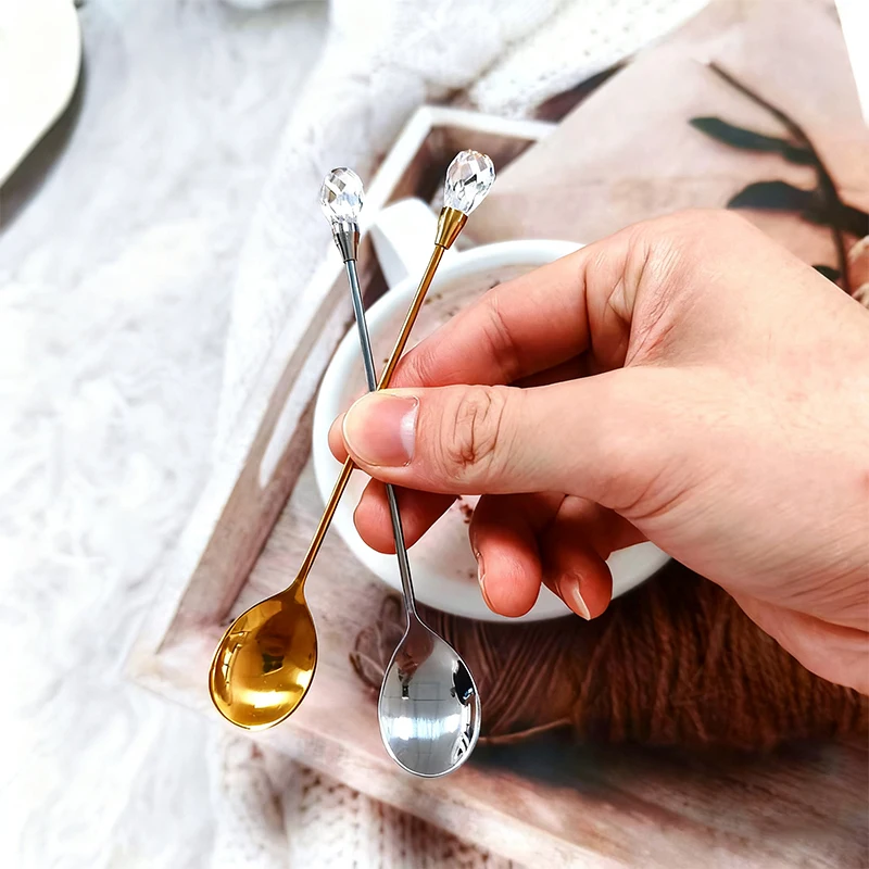 5pcs Diamond Teaspoons Set Stainless Steel Stirring Spoon Exquisite Crystal Teaspoon for Cafe Ice Cream Dessert Coffee Spoon