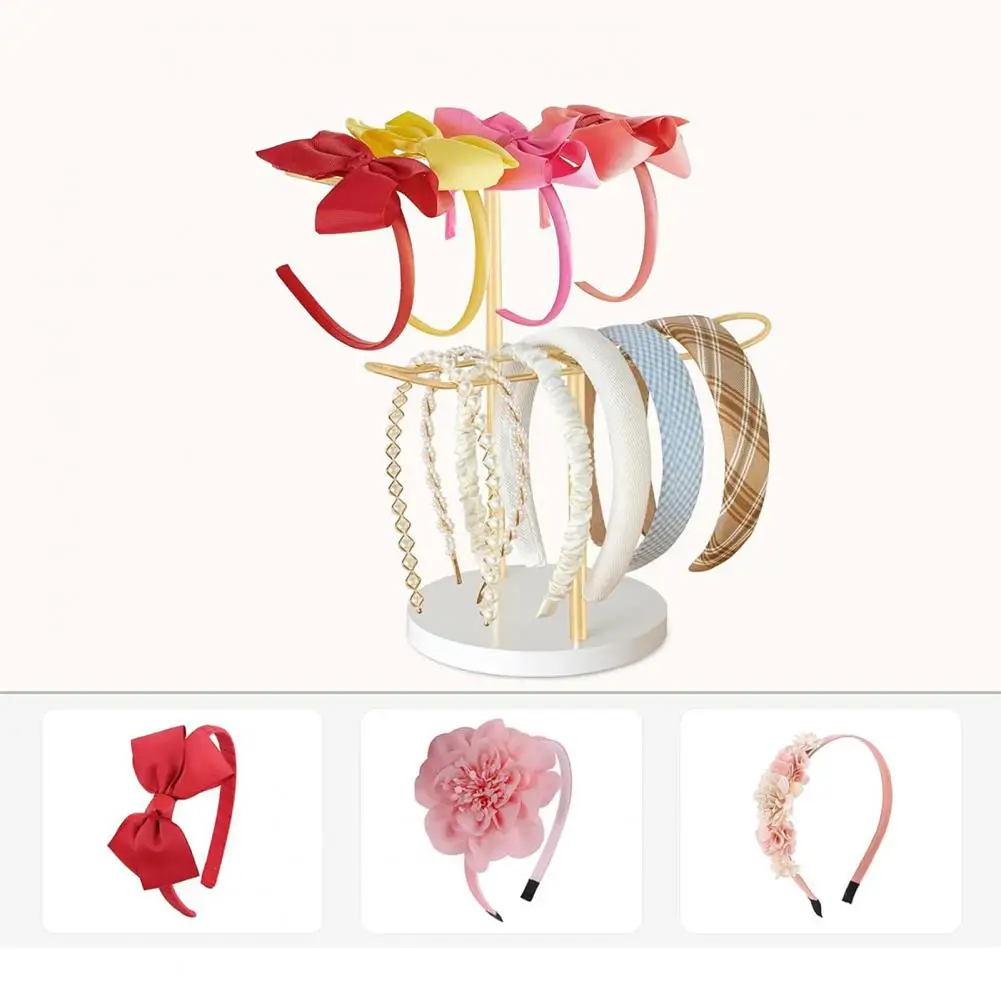 Hair Tie Hanger Metal Headband Bracelet Organizer Stand for Girls Women T-shaped Hair Hoop Holder with Round Base for Bedroom