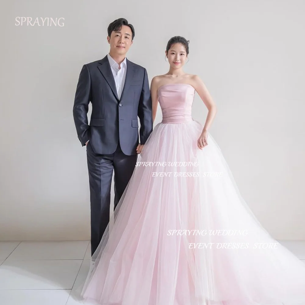 

SPRAYING Princess Pink Wedding Shooting Dresses Strapless A-line Sweep Train Bridal Gown Custom Made 웨딩드레스 한국 Elegant