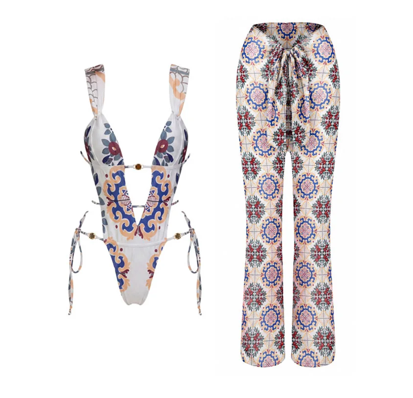2026 New Retro Prints Hollow Out One Piece Swimsuit Women Sexy Lace-up Swimwear Tropical Summer Beachwear Bathing Suit Bodysuit