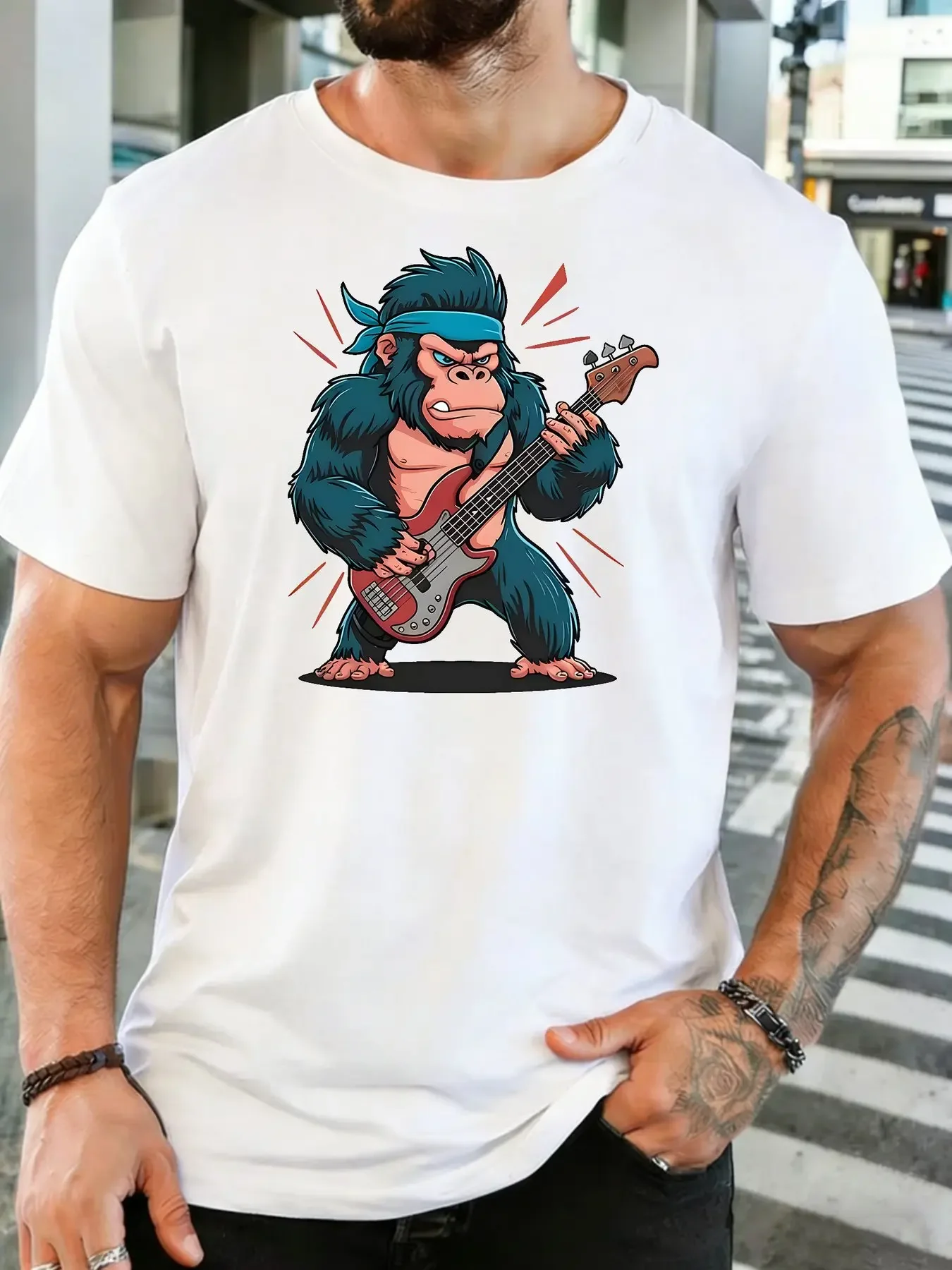 Fashion Mens Kids Red Punk Rock Gorilla Bass Player Cartoon Tee Wild Ape Music Lover Streetwear Casual Short Sleeve Shirt