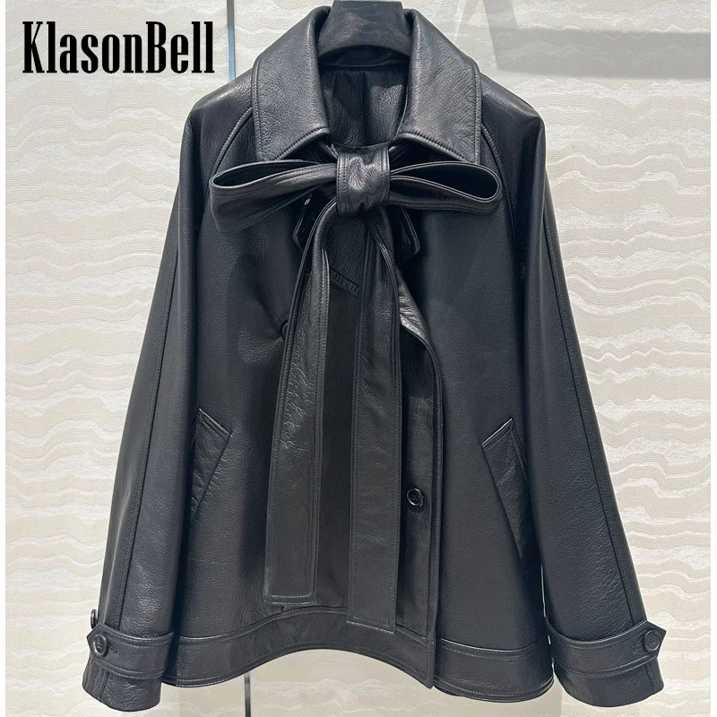 8.24 KlasonBell Women Vintage Fashion Long Leather Belt Collar Bow Sheepskin Jacket Double Breasted Loose Genuine Leather Coat