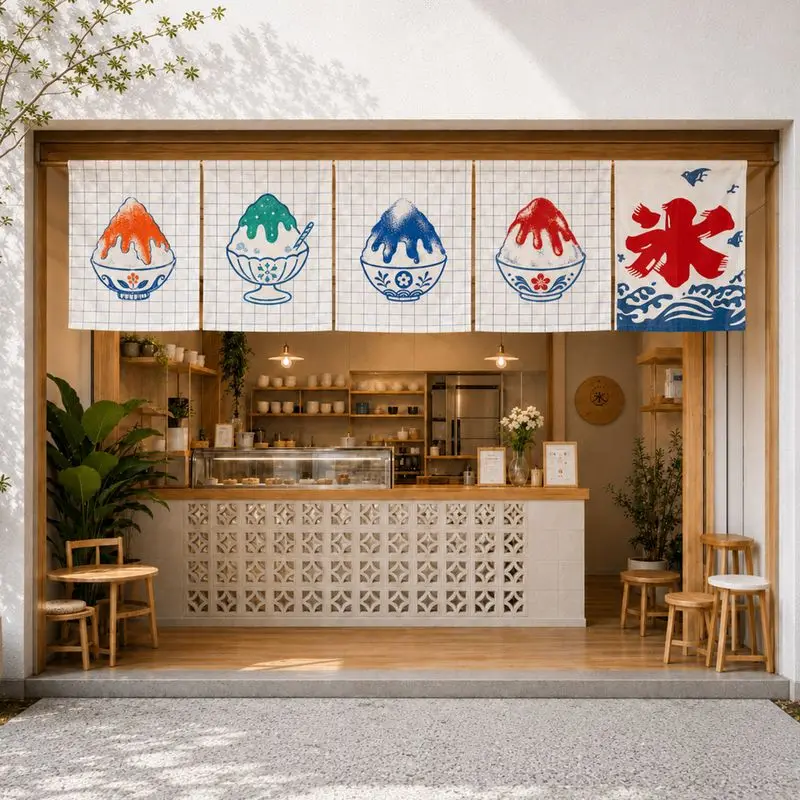 VIKAMA Japanese Noren Hanging Banner Curtain Shaved Ice Print Cafe Dessert Shop Storefront Window Partition Decor Flag Curtain