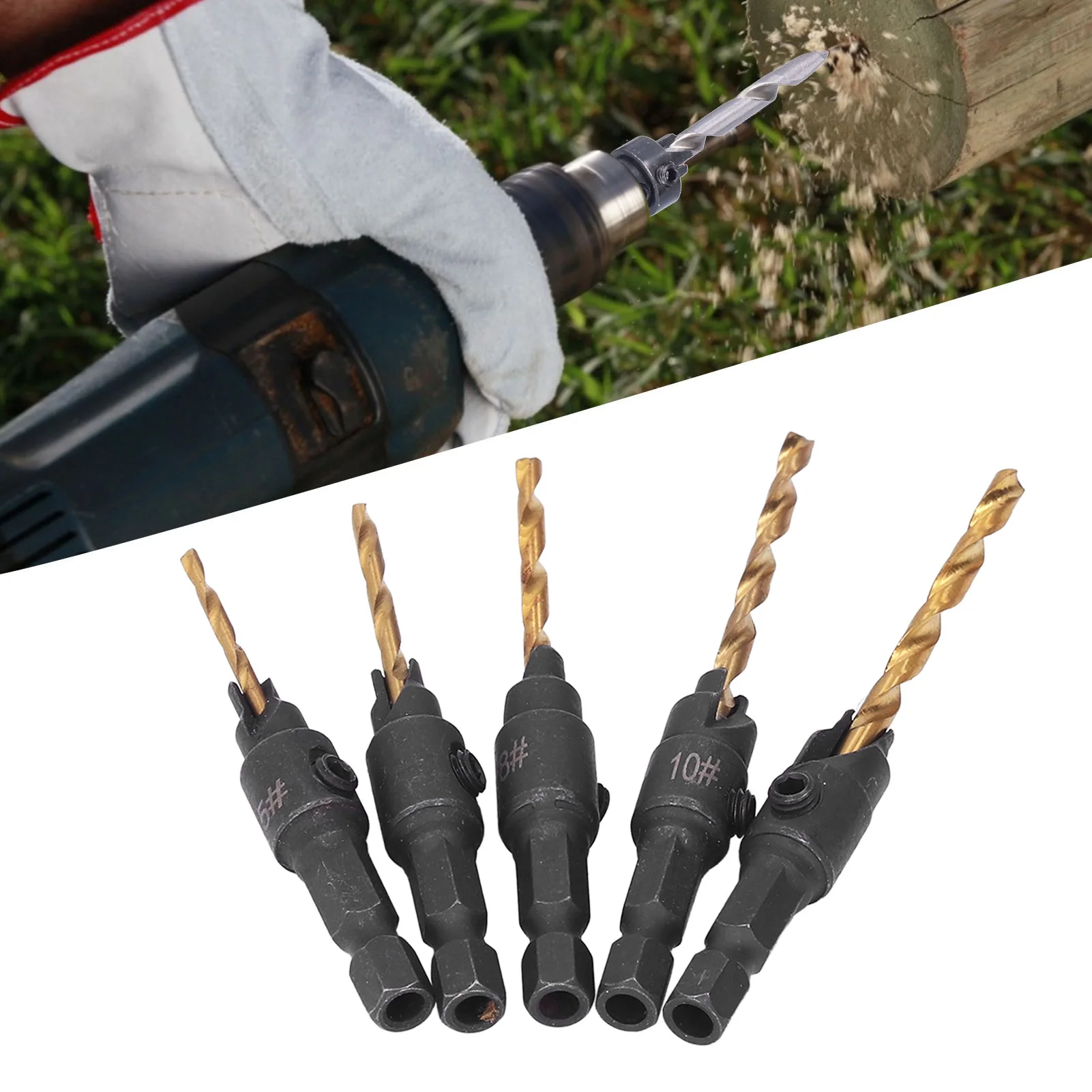 

5Pcs Counter Sink Drilling Bit Wood Drilling Bit Countersink Drill Bit 1/4in Hex Shank HSS Drilling Tool Set Kit for Woodworking