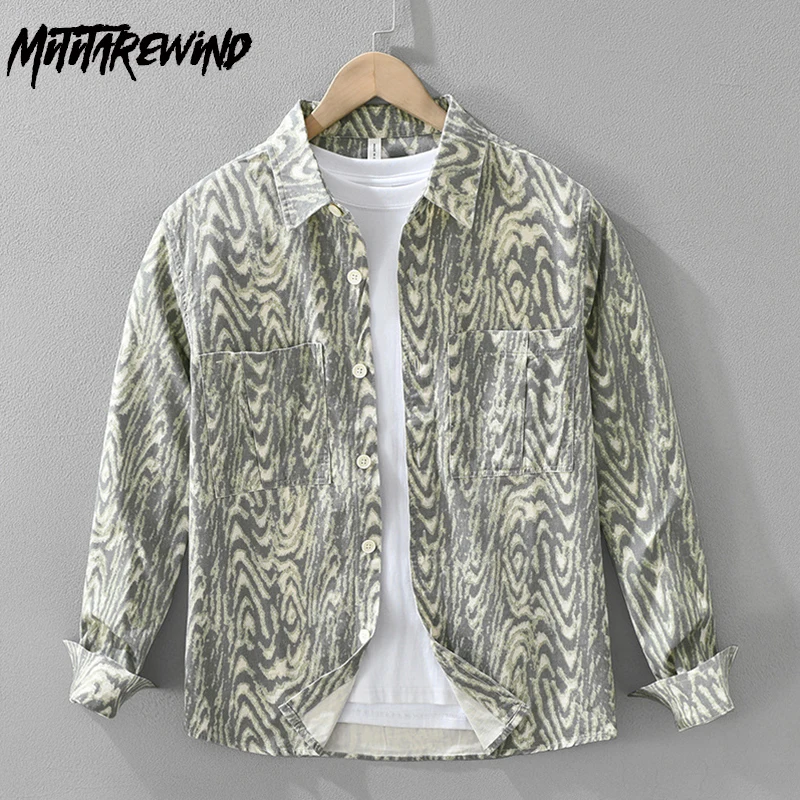 

Весенние трендовые рубашки с принтом 2024, мужская уличная одежда, новые свободные топы, рубашка с длинными рукавами и двойными карманами, мужская повседневная одежда из чистого хлопка