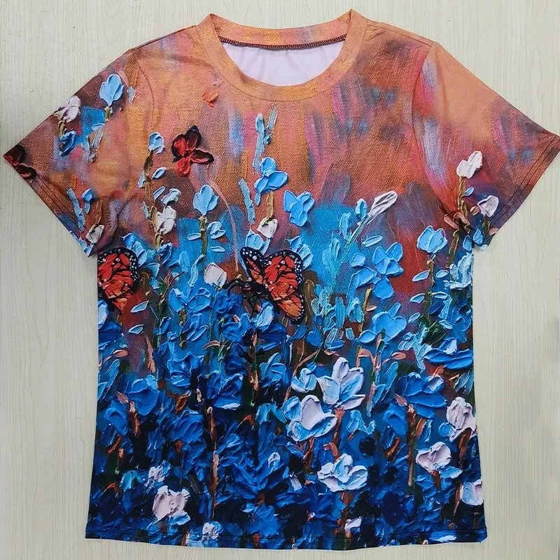 Summer Women\'s Casual Fashion Round Neck Oil Painting Rose Flower Printed T-shirt