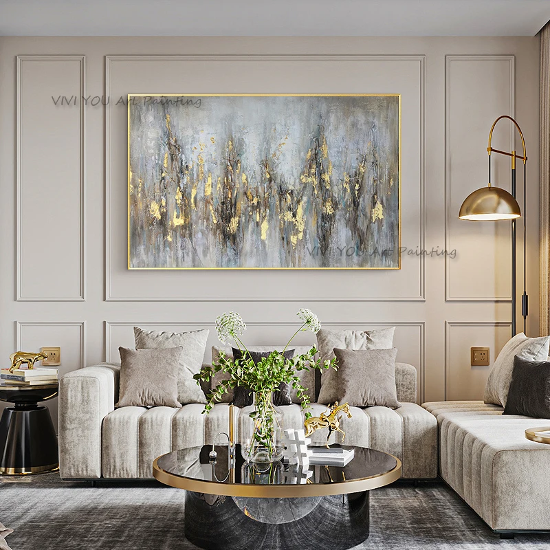 Grey Gold Foil Streak Abstract Oil Painting Handpainted Horizontal Canvas Thick Impasto Luxury Living Room Wall Decor