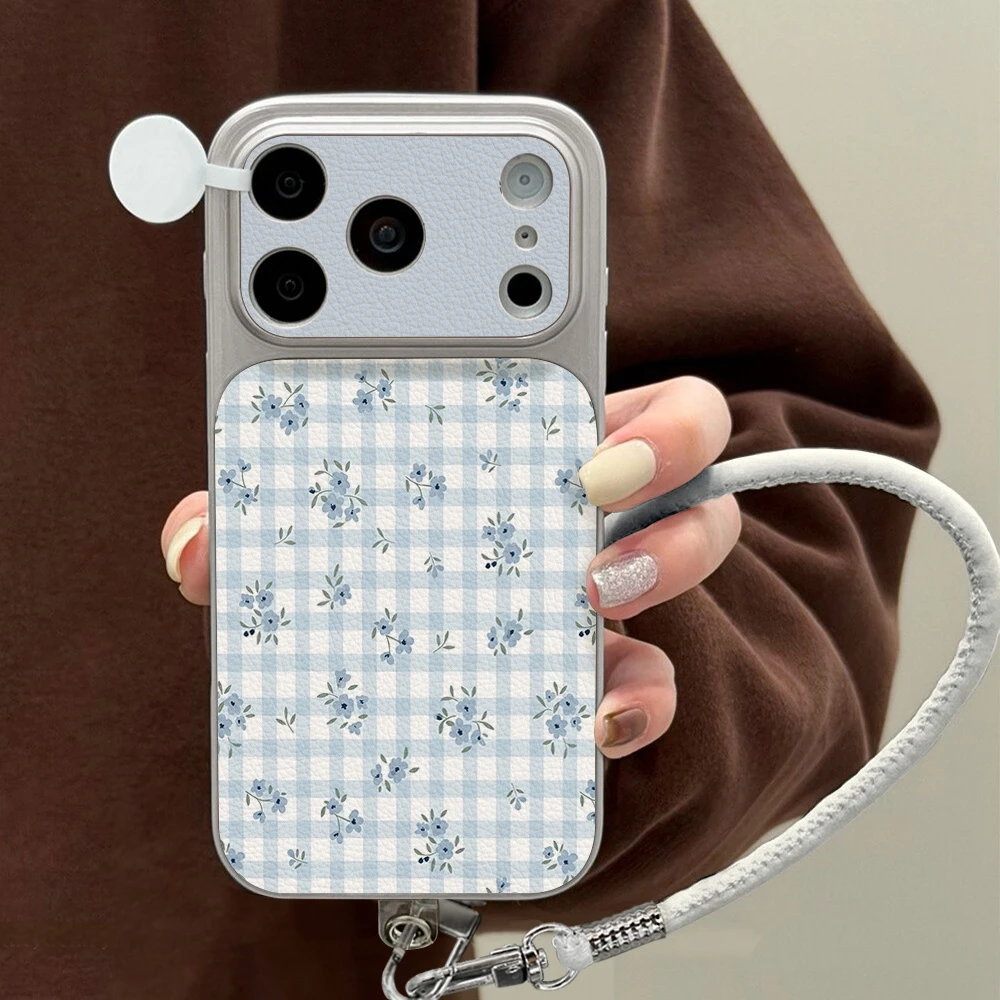 Elegant Blue Flowers Floral Phone Case For iPhone 18 17 16 15  Pro Max 13 14 12 11 Shockproof Leather Cover Fundas With Lanyard