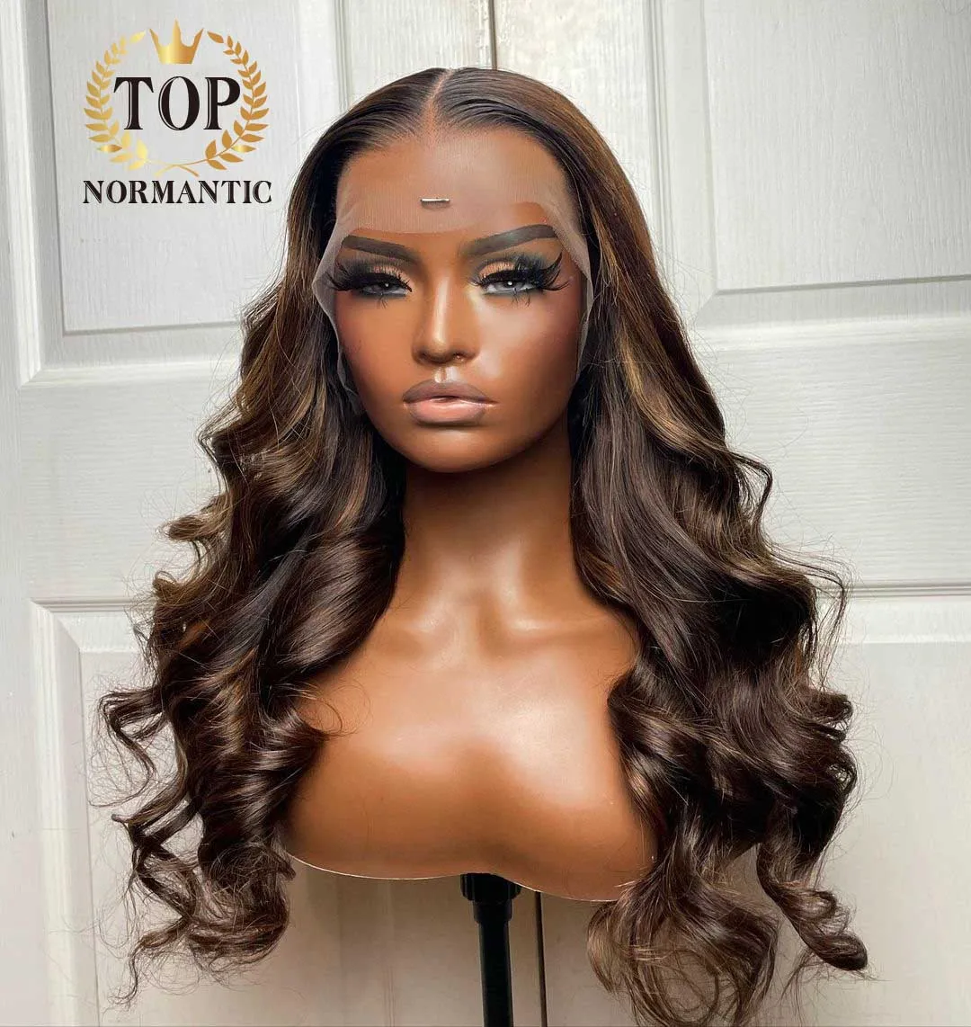 Topnormantic Dark Brown Highlight Color 13x4 Lace Front Wigs with Baby Hair Brazilian Hair 4x4 Transparent Lace Closure Wig