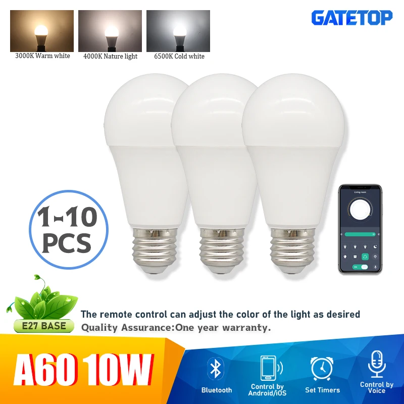 

1-10 шт. E27 A60 светодиодная лампа умный свет лампы Bluetooth приложение 3000K-6500K регулируемое освещение 10 Вт 220 В для гостиной спальни home derecs