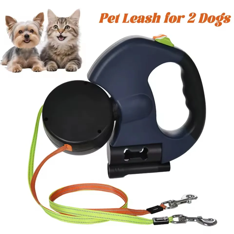 

Double-Ended Traction Rope Roulette Dogs Strap Dual Dog Leash Pet supplies 3m Auto Retractable With Flashlight Waste Bag Box