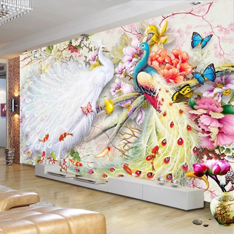 Custom Chinese Watercolor Peacock Peony 3D Mural Wallpaper Bedroom Living room sofa TV background wall restaurant wall fabric 8d