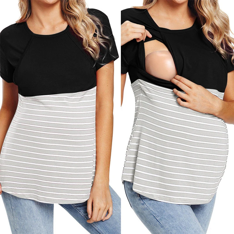 

Women Maternity Pregnancy Clothes Breastfeeding T-Shirt Nursing Short Sleeve Striped Multifunctional Breastfeeding Tops