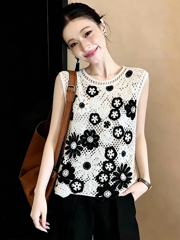 

Large Size Floral Hollow out Women's Vest Summer New Loose Casual Sleeveless round Neck Knitted Top Commute Style Daily Wear