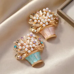 New glazed pearl flower brooch, fashionable flower basket, potted plant brooch, personalized rhinestone accessory
