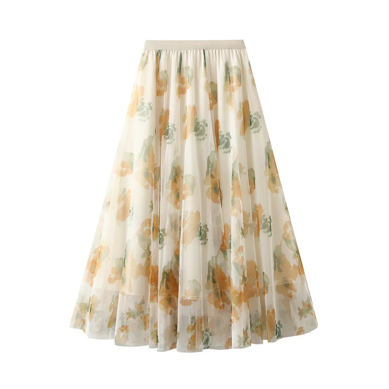 Summer Gauze Printed Skirt 2024 New Women's Clothing High Waisted Medium Length Slimming 3 Layers Umbrella Skirts