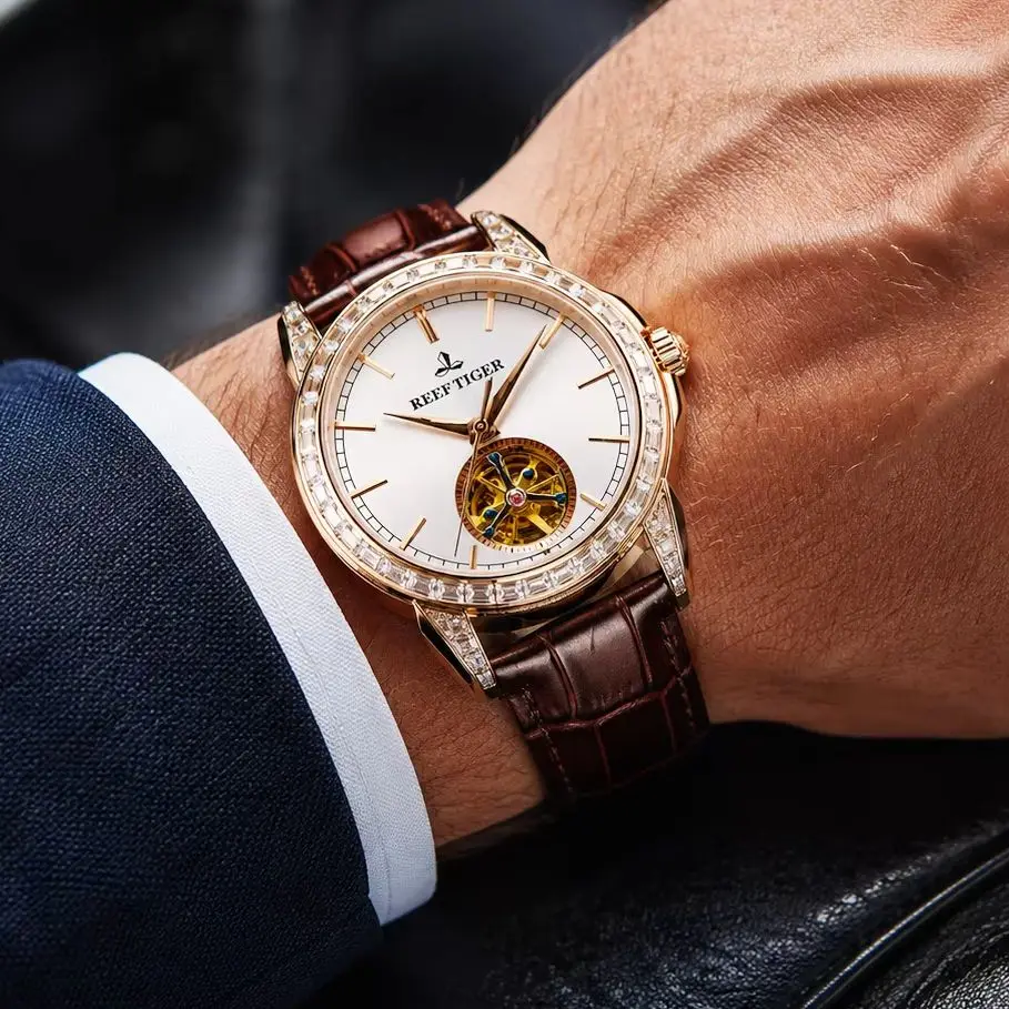 Reef Tiger Luxury Men Automatic Mechanical Watch, Skeleton Flywheel Dial Wristwatch,  Crystal Bezel, Sapphire Crystal Mirror