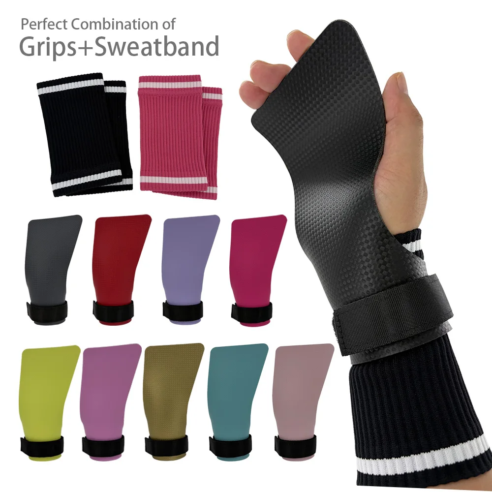 Perfect Combination of Carbon Hand Grips and Sweatband Wrist Wrap for Crossfit Pull Ups Cross Training Gymnastics Workout