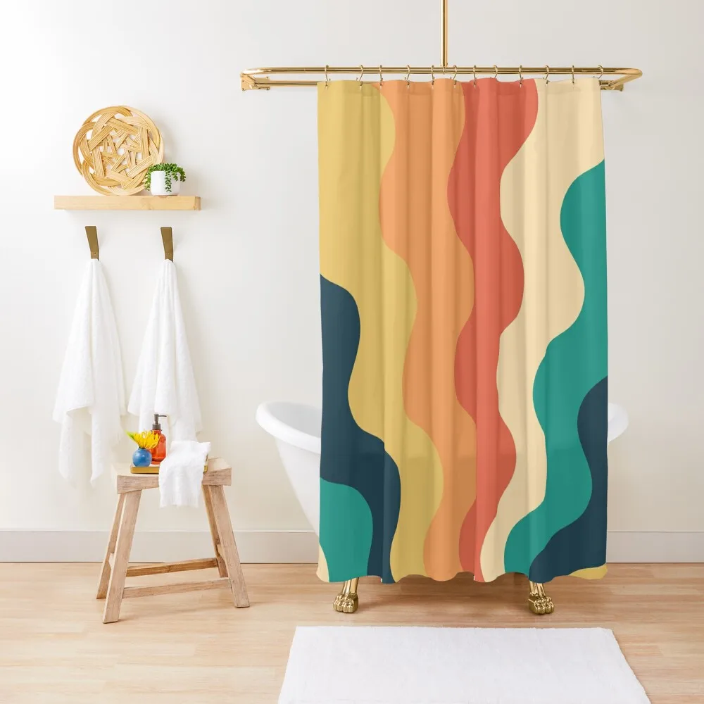 

70s Retro Groovy Lines Seamless Pattern Teal and Orange Shower Curtain For Bathrooms Bathroom Fabric Curtain