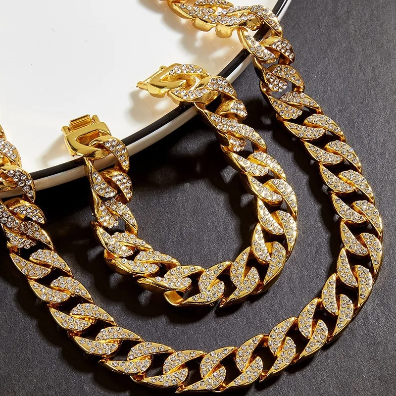

Iced Out Full Zircon Cuban Link Chain Necklace Bracelet Set Hip Hop Punk Fashion Shiny Bling Bling Jewelry Trendy Accessories Gi