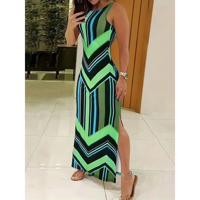 فستان ماكسي ملون بطباعة مخططة مع شق جانبي للنساء، فستان طويل بدون أكمام ضيق، ملابس صيفية للشارع، فساتين للنساء #1
