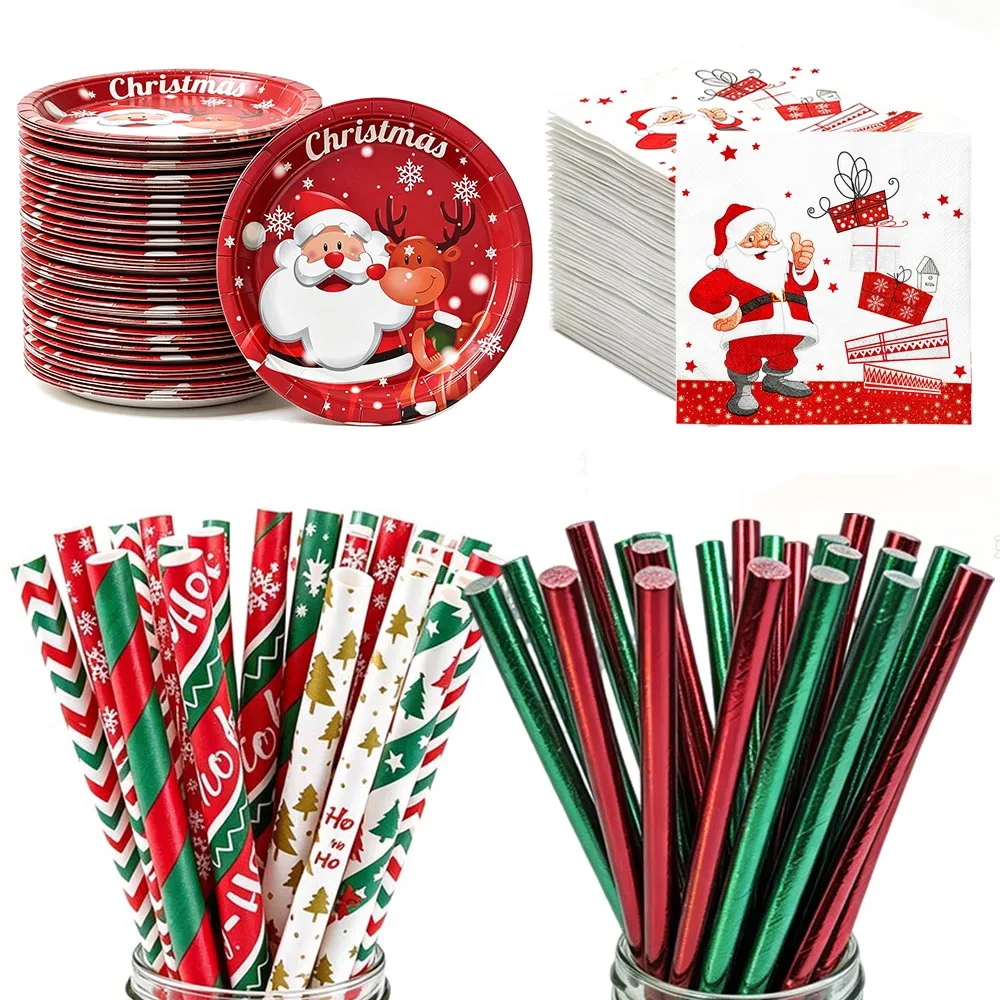Christmas Plates Napkins Santa Claus Disposable Tableware Straws Merry Christmas Xmas Holiday Home Party Table Decor Supplies
