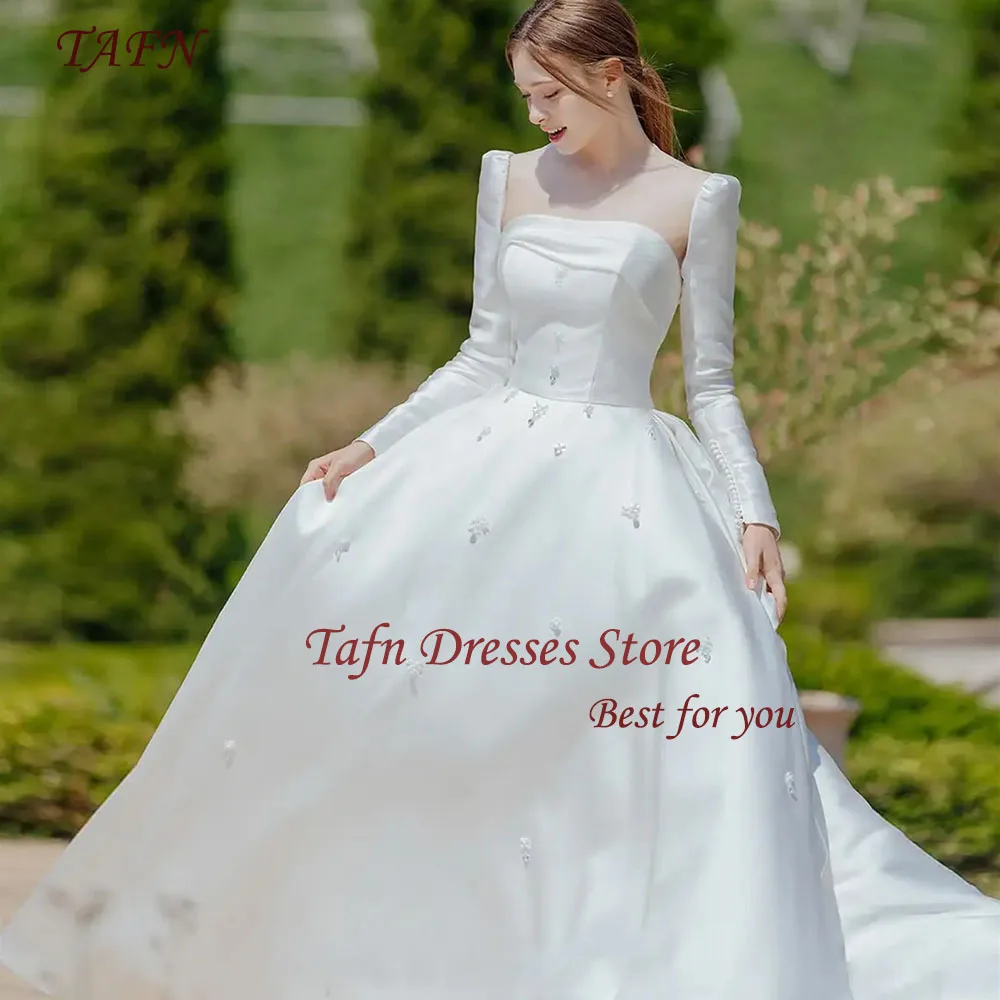 TAFN 2 Styles Wedding Dresses Detachable Long Sleeves A-line Princess Bridal Gown Satin Strapless 한국 웨딩드레스