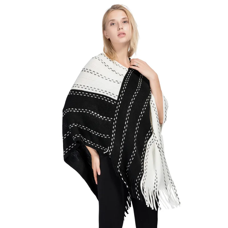 

New Winter Ladies Casual Crochet Shawl Female Ethnic Style Black Fringe Outdoor Travel Knitted Slit Scarf Gift Shawl Coats Q43