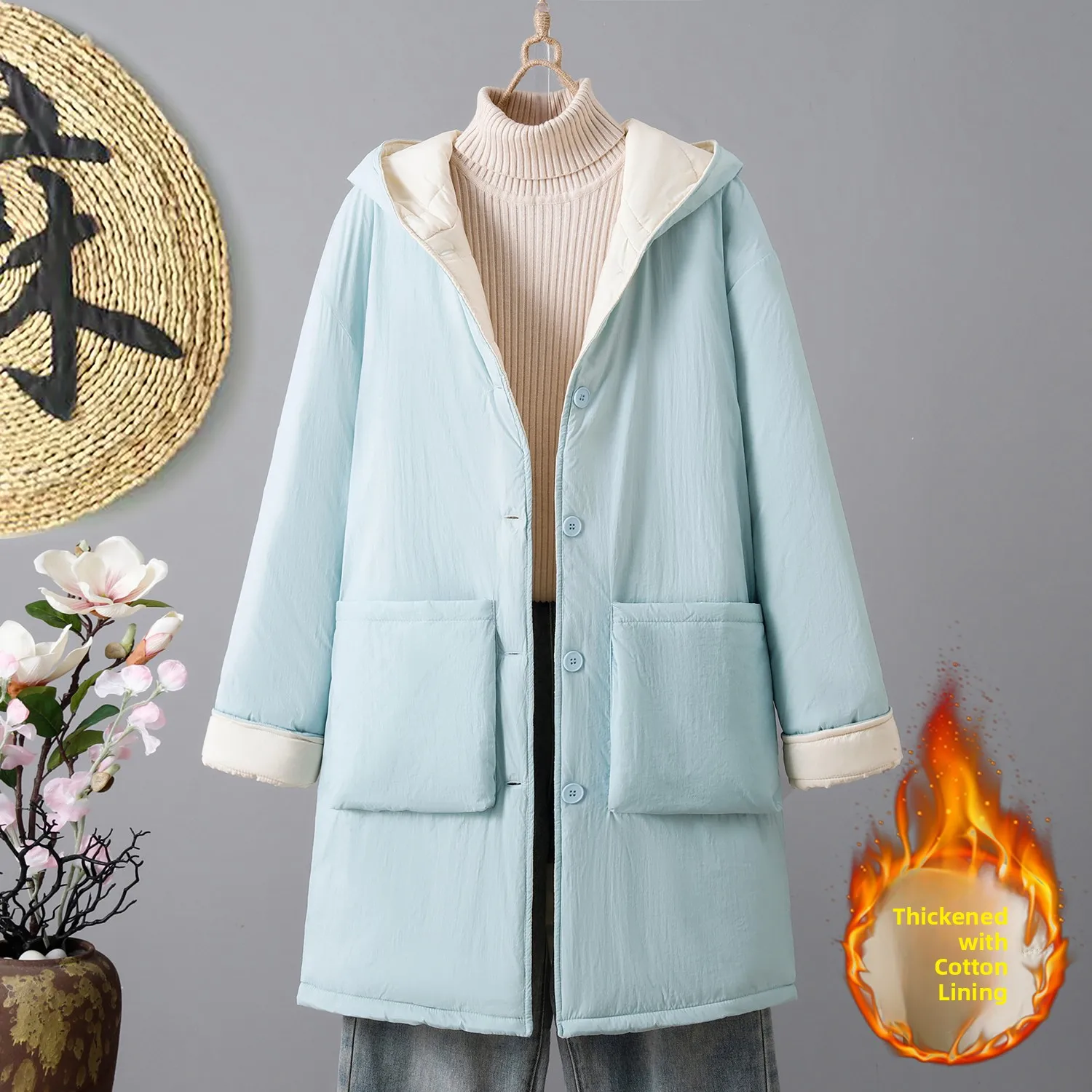 

Thickened Cotton Linen Hooded Jacket Mid-Length Warm Comfortable Fashionable Winter New Arrival Women's Cotton Coat