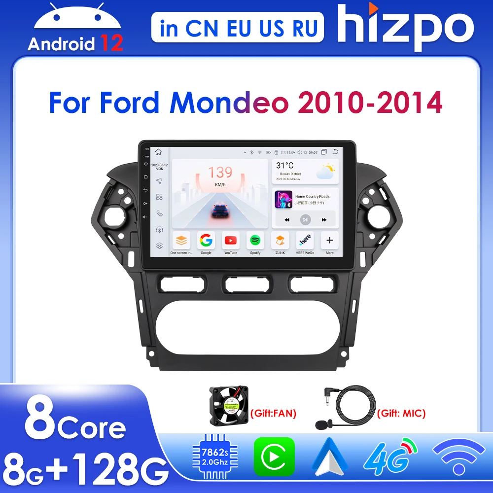 

Hizpo 10,1 "беспроводной Carplay для Ford Mondeo 4 2010-2014 Android 12 Автомагнитола мультимедийный плеер навигация GPS RDS стерео DSP 4G