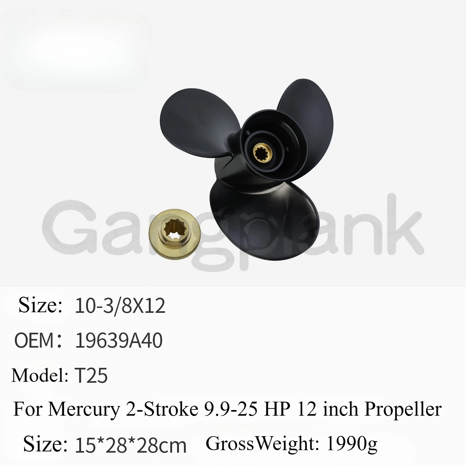 10 3/8*12 for Mercury 2-stroke 9.9-25 HP Outboard Aluminum Alloy Propeller 12 Inches 10 3/8X12 T25 19639A40