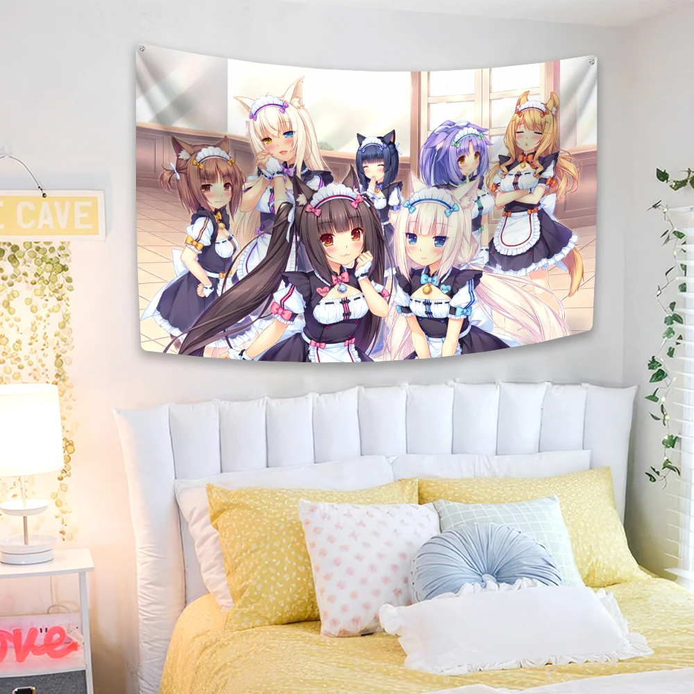 XxDeco Kawaii Anime Tapestry Nekopara Printed Cute Wall Hanging Room Decor Large Fabric Of Dorm Backdrop Cloth Sofa Blanket