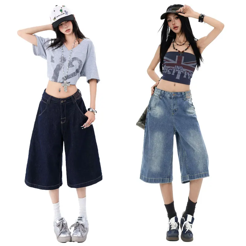 American High Street Vintage Women High Waist Cropped Denim Capri Two Color Washed Wide Leg Loose Y2K Spicy Girl Summer Outfit