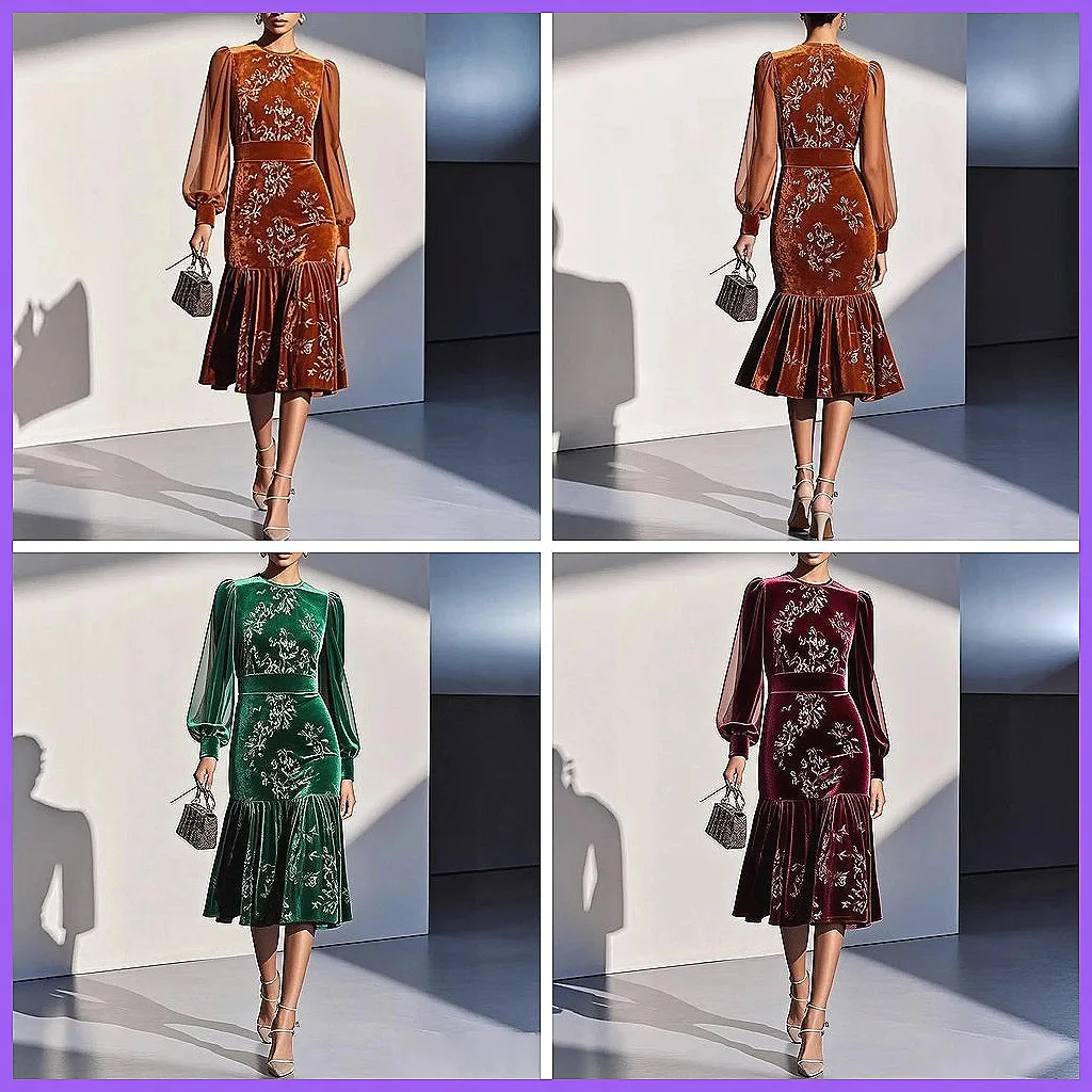 

Vintage Patchwork Party Dress for Women, High Waist Long Sleeve Gown for Fall Winter Holiday & Evening Events