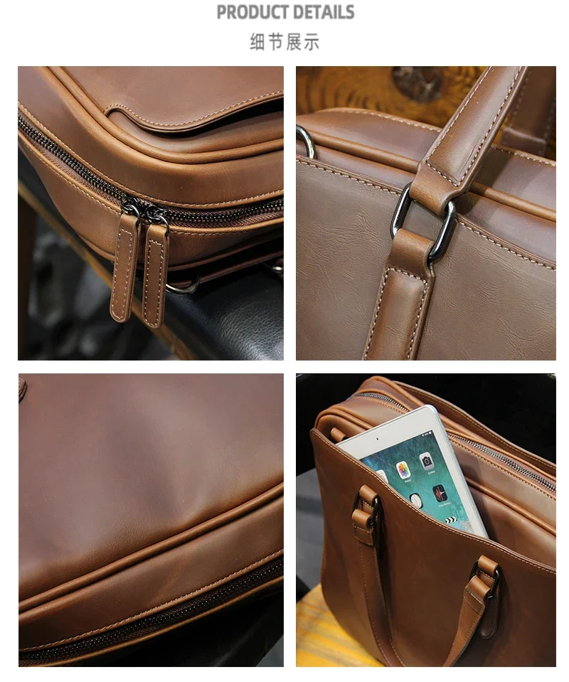 2024 New Men\'s Vintage Briefcase 13-14 in Laptop Bag Business Documents  Shoulder Work Handbag  Messenger Bag