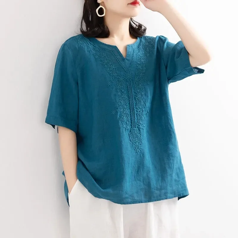 

Cotton and Linen Solid Color T-shirt Women's 2026 Summer Literary Loose Short-sleeved Shirt Temperament Loose Retro Top Tide